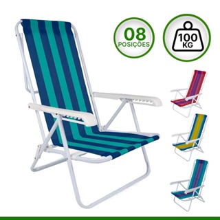 Cadeira De Praia Alta Reclinável Aço 8 Posiçoes Piscina Sol Pesca Mar Mor 100kg