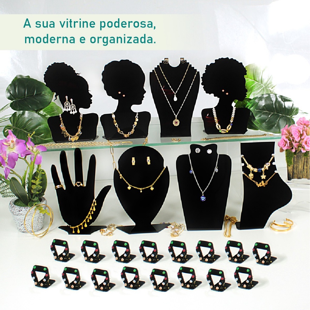 Kit 24 Expositores de Joias e Bijuterias Completo com Busto para Colcar Corrente Brinco Argola Mão Para Lojas e Vitrines