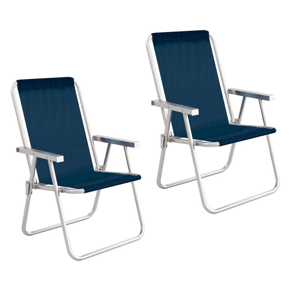 Kit 2 Cadeira Praia Alta Alumínio Conforto 120 kg Mor Azul