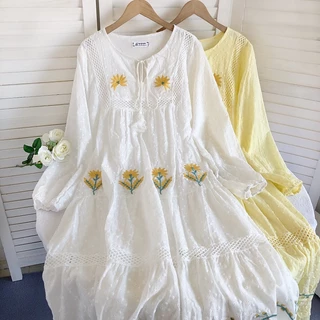 2023 Verão Novo Estilo Coreano Algodão Maxi Vestido Doce Elegância Bordado Primeiro Amor Férias Super Fada Solto