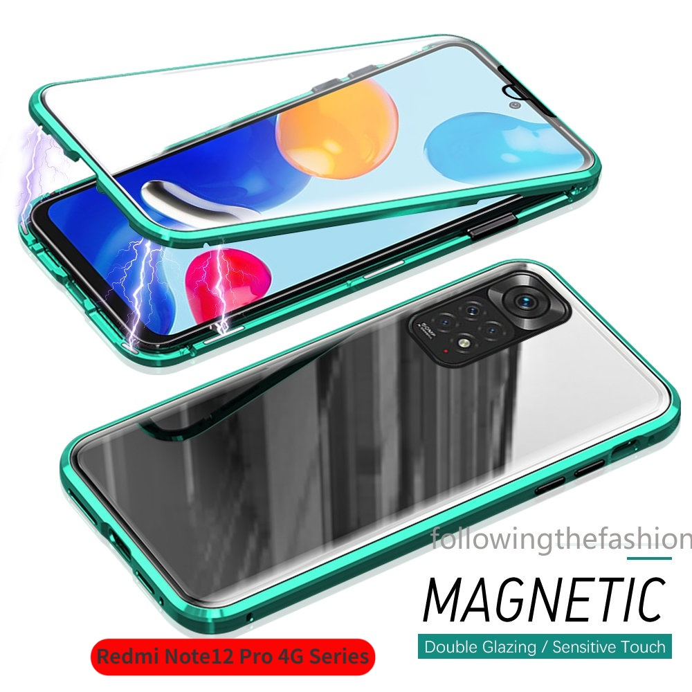 Para Xiaomi Redmi Note 12 Pro 4G Note12 5G 12 4G + 12Pro Plus 4G 5G Capa De Telefone Magnética Metal Vidro Temperado Dupla Face 360 ° Capa Dura À Prova De Choque Completa Anti Impacto Capinha Phone Case