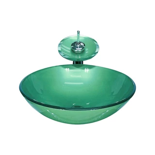 CUBA DE VIDRO REDONDA 31CM VERDE + VALVULA + TORNEIRA CASCATA