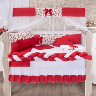Kit Berço de Menina Vermelho Ursinha Padrão Americano Com Trança 11 Peças em Oferta na Shopee