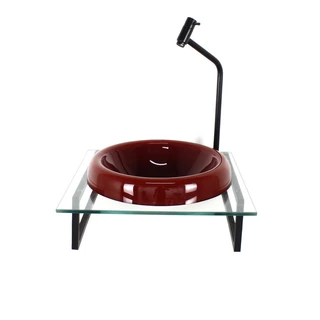 GABINETE COM CUBA DE VIDRO CHAPEU 10MM VERMELHO CEREJA COM TAMPO 40CM INCOLOR MAIS TORNEIRA METAL PRETA