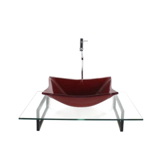 KIT CUBA DE VIDRO RETANGULAR VERMELHO CEREJA COM TAMPO 60CM INCOLOR E SUPORTE PRETO