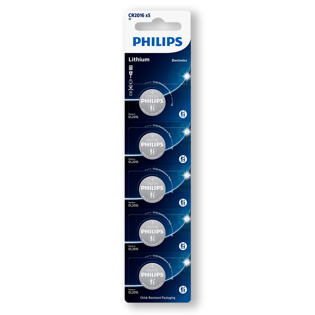 05 Baterias Pilha Tipo Moeda CR2016 3V Philips 1 Cartela