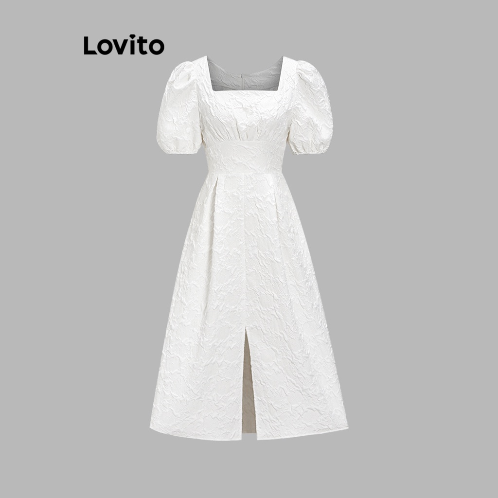 Lovito Vestido Feminino Elegante Liso Com Manga Bufante Em Jacquard E Fecho Nas Costas L Ed