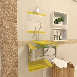 GABINETE DE VIDRO PARA BANHEIRO 40CM INOX AMARELO COM TORNEIRA