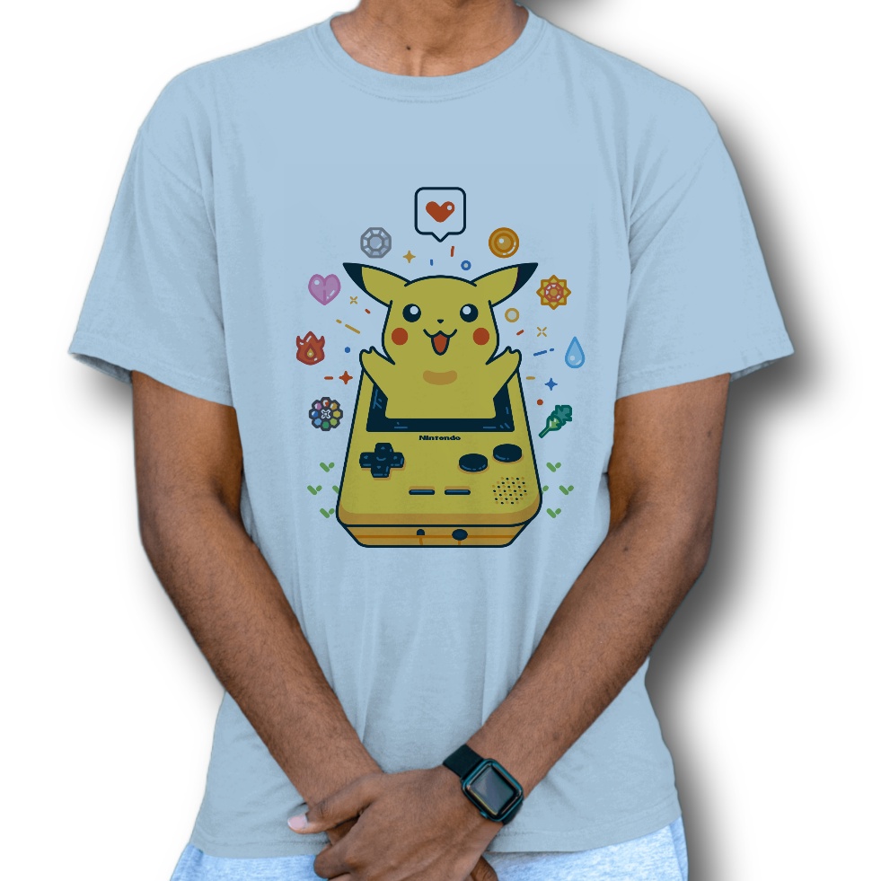 Camiseta T-shirt Básica Masculina Unissex Gola Redonda Estampa Animê Pokémon Pikachu Game Boy