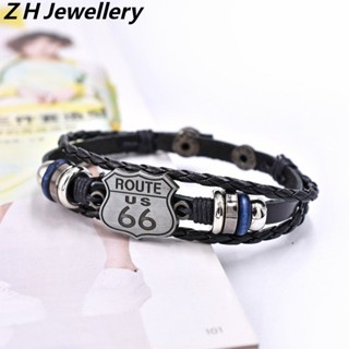 [Z H Jewelry] Rota Vintage 66 Pulseira De Couro Com Contas Da Estrada Mãe Moda Masculina E Feminina Multilayer De Aço Inoxidável Punk Party Rock Acessórios