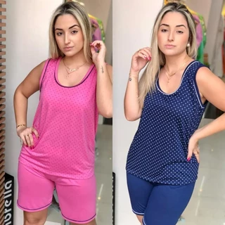 Pijama Regata Blusa De Poa Com Bordado Short Liso Baby doll Feminino de Verão Conjunto de Dormir em Oferta na Shopee