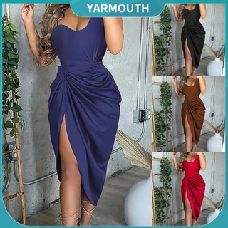 YYR-- Spaghetti Strap Draped High Cut Bodycon Vestido De Um Ombro Com Lado De Corte De Cetim Midi Feminino