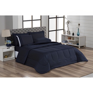 Kit Aconchego Casal Queen Edredom+ Jogo Lencol Roupa De Cama Preto Leze Matelado