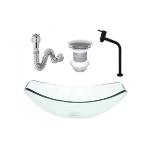 CUBA DE VIDRO OVAL CHANFRADA 46CM JATEADO + VALVULA + TORNEIRA METAL PRETA + SIFAO