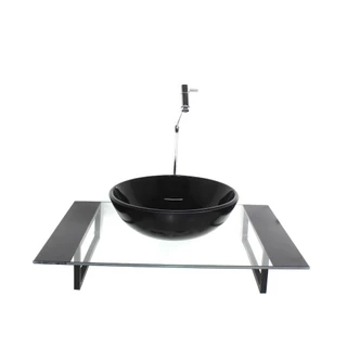 KIT CUBA DE VIDRO REDONDA COM TAMPO 60CM PRETO E SUPORTE PRETO
