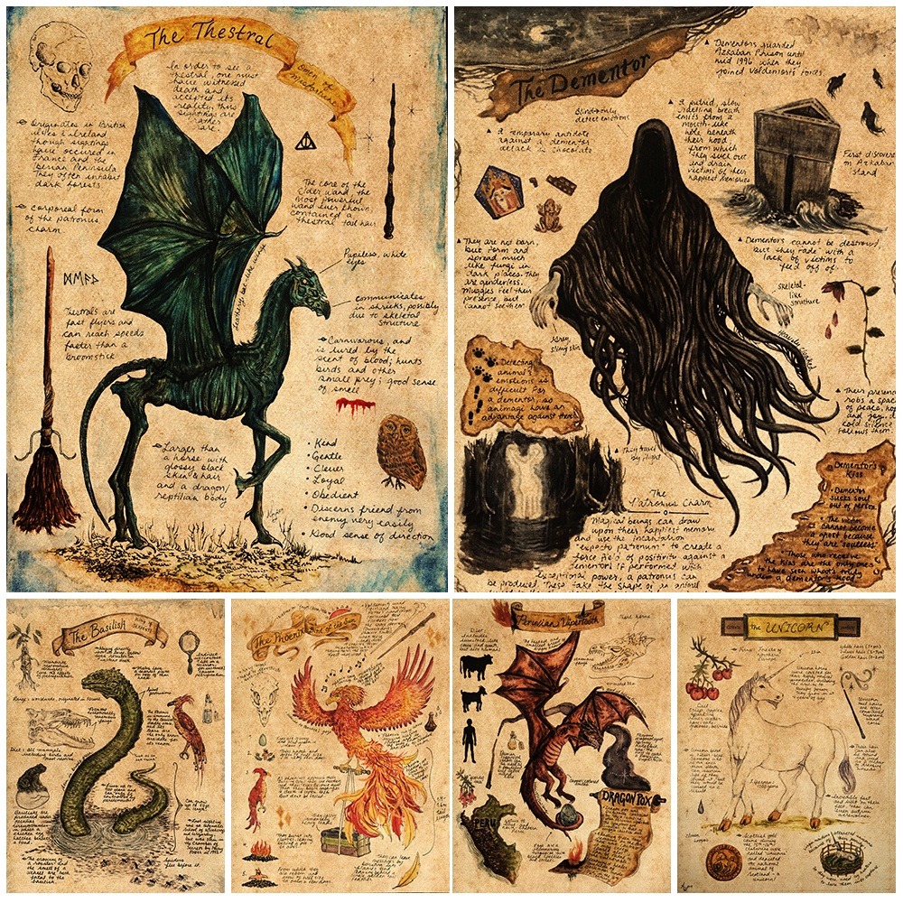 Dementor , Dragão , Papel kraft Basilisk Wall Art Pintura Decoraitve Grey Wolf , Phoenix , Pôster Unicórnio Testral E Decoração De Impressão Sem Moldura