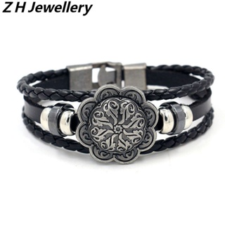 [Z H Jóias] Pulseira De Couro Vintage Rock Rune Shield Leather Bracelet Moda Masculina E Feminina Aço Inoxidável Multilayer Beaded PU Punk Party Jewelry Acessórios
