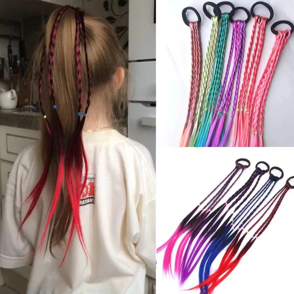 4PCS/Set Girls Colored Braids Ponytail Hair Wig Gradient Acessórios Extensões De Cabelo