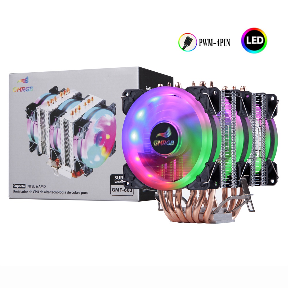 GMRGB 6 tubos de calor CPU Cooler 4 pinos PWM RGB PC silencioso Intel ...