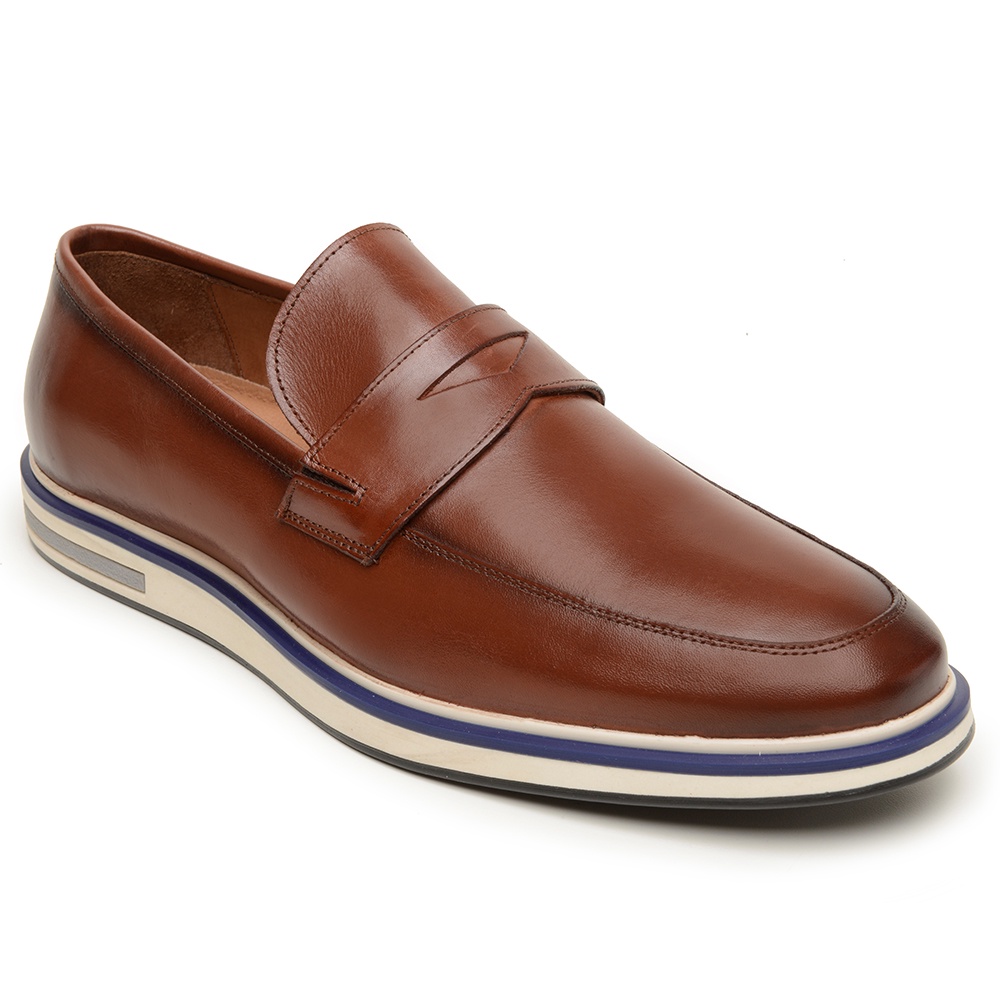 Sapato Casual Masculino London Couro Legítimo Sola Branca Slip On Luxuoso e Elegante Mocassim Italiano Forro e Palmilha em Couro