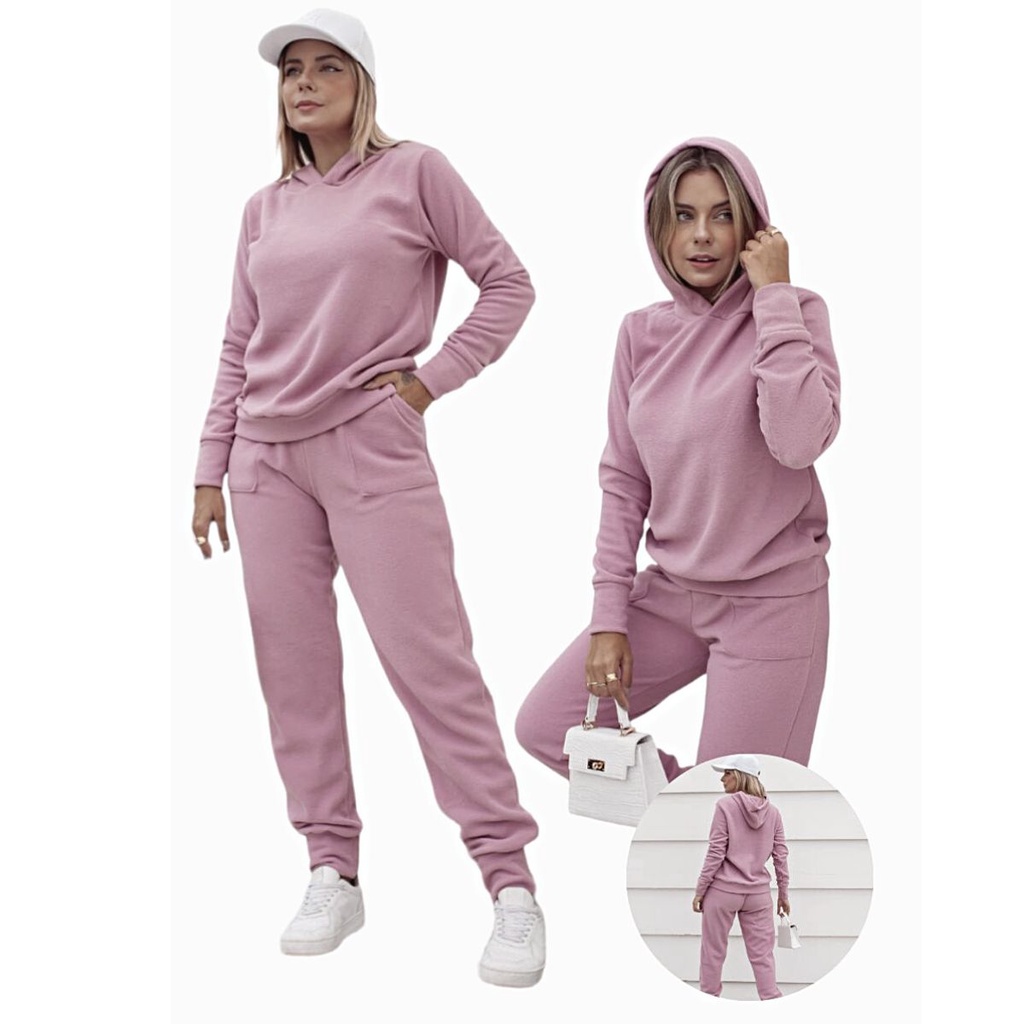 Conjunto Moleton Feminino Flanelado Barato Plus Capuz Jogger Rose ...