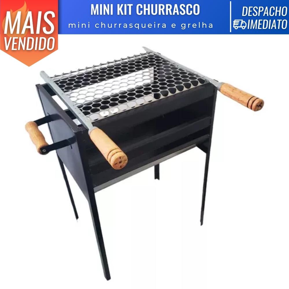 Mini Kit Churrasqueira Alumínio Preta e Grelha C/ Pegador Madeira