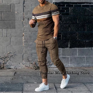 2023 Roupa Masculina Traje De Treino Manga Curta Camiseta + Calça Longa 2 Peças Conjunto De Tamanho Grande Roupas Jogger Esportiva Estampa 3D Calças