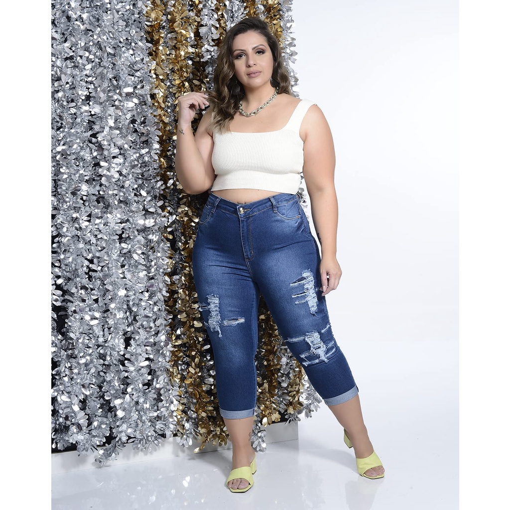 Calça Capri Jeans com cinta modeladora chapa barriga