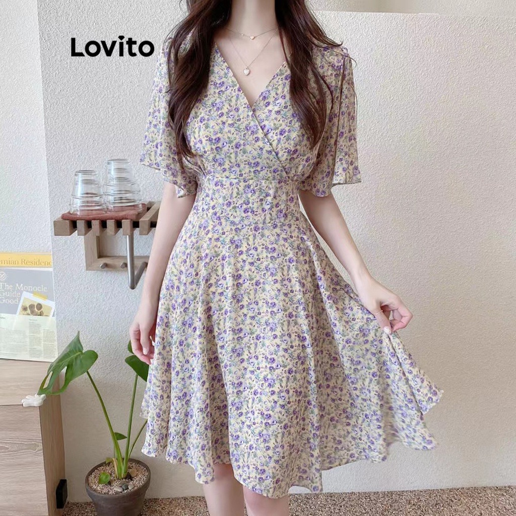 Lovito Vestido Casual de Mangas Curtas com Zíper Gola V e Estampa Floral Delicada para Mulheres LNA06126 (Roxo)