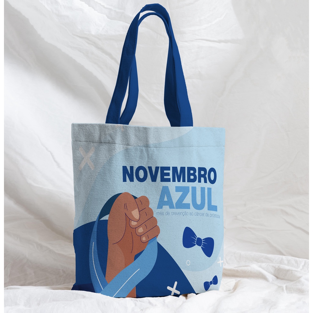 Bolsa Sacola Artesanal de Tecido Novembro Azul Mão Prevenção