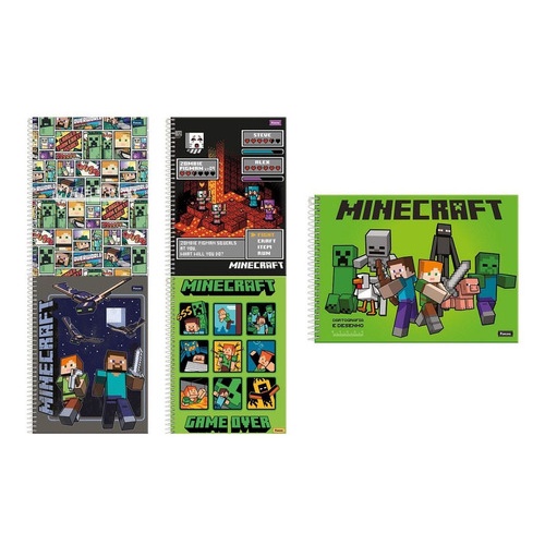 3 Caderno Minecraft Espiral + Brochura 1/4 + Caderno Desenho no Shoptime