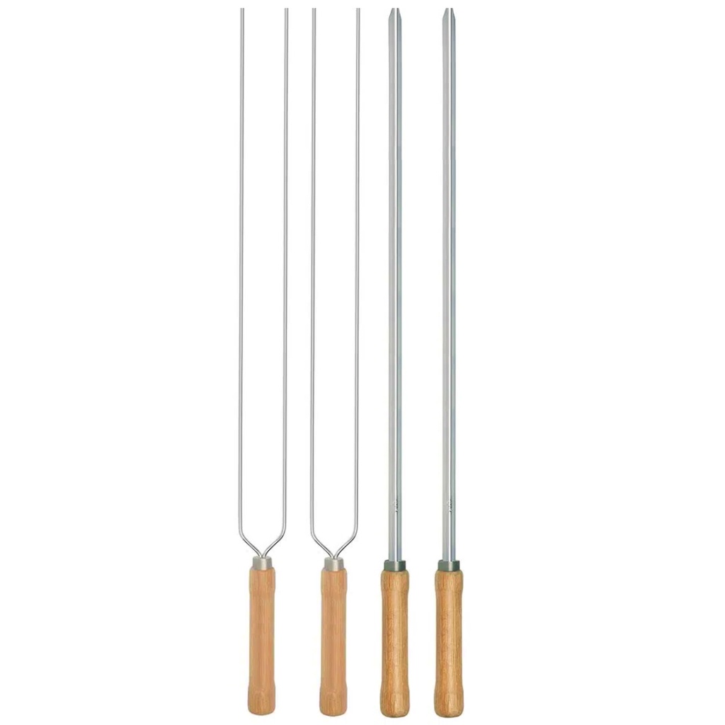 Kit Preparo Churrasco 4pcs Churrasqueira Espetos 55cm Simples e Duplo Cabo Madeira Mor