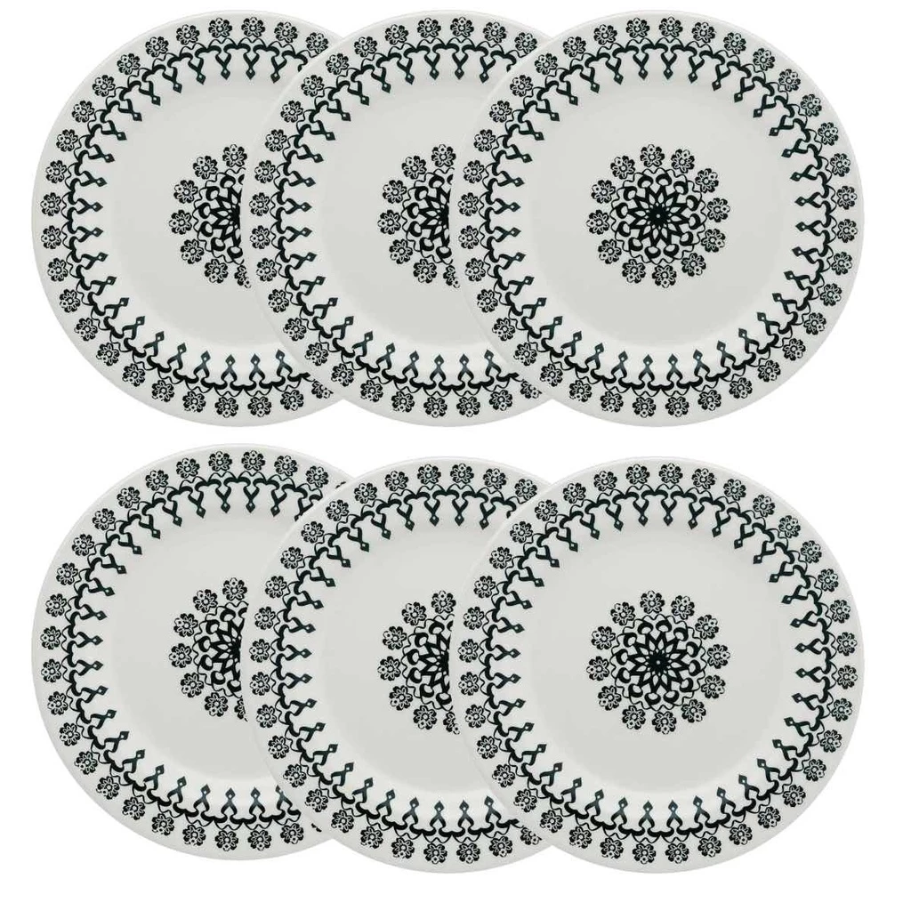 Kit Jogo 6 Pratos Rasos Biona Folk em Cerâmica Decorada 24 cm Oxford