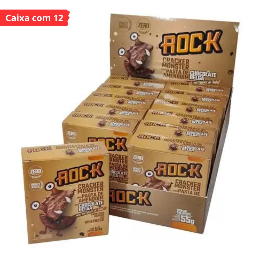 Caixa com 12 Unidades Biscoito Proteico Chocolate Belga Rock Cracker Monster 55g s/ Açúcar c/ Whey Rock Maravilhoso Alfajor