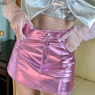 CBS Y2k Moda Metálica Meninas Da Bolsos De Saia Curta Slim Fit Brilhante Cintura Alta Coreana Halfskirt CB