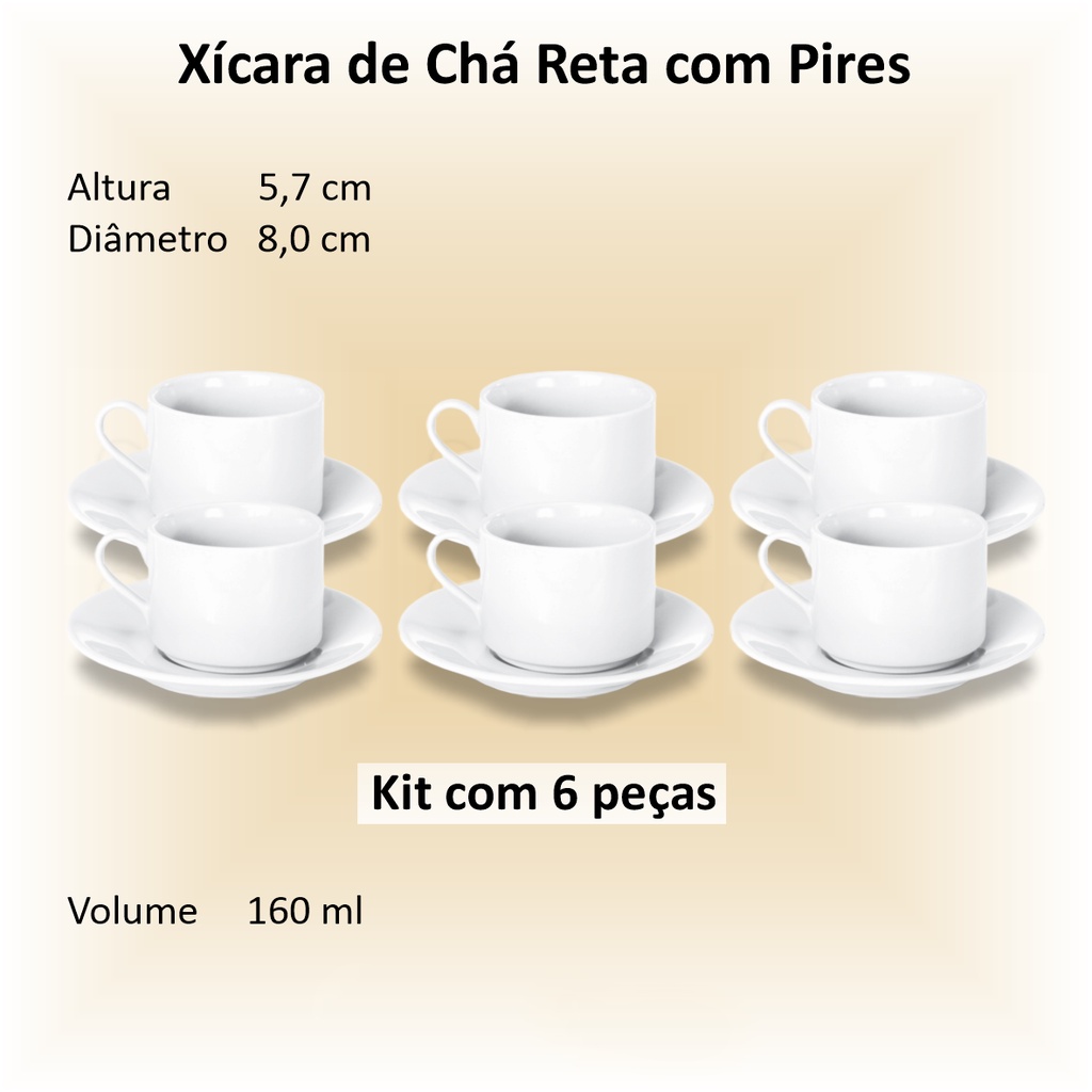 1 Conjunto com 6 Xícaras de Chá Reta com Pires 14 Cm Biona Donna