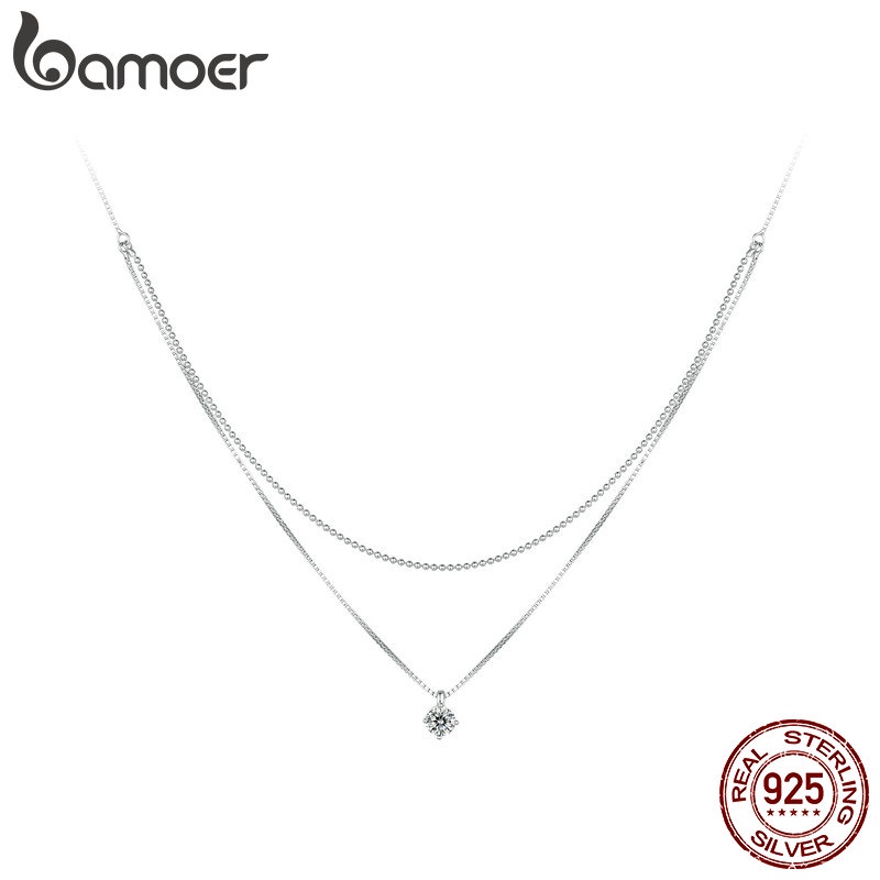 BAMOER 925 Colar Puro Simples De Dupla Camada De Moda Jóias Para Mulheres