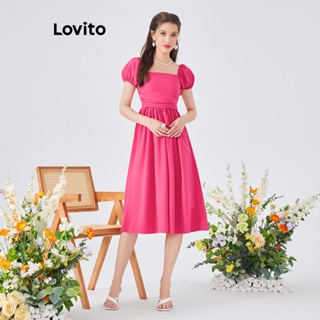 Lovito Vestido Boho Liso com Manga Franzida em Formato de Vestido de Baile para Mulheres L54ED091 (Rosa Choque)