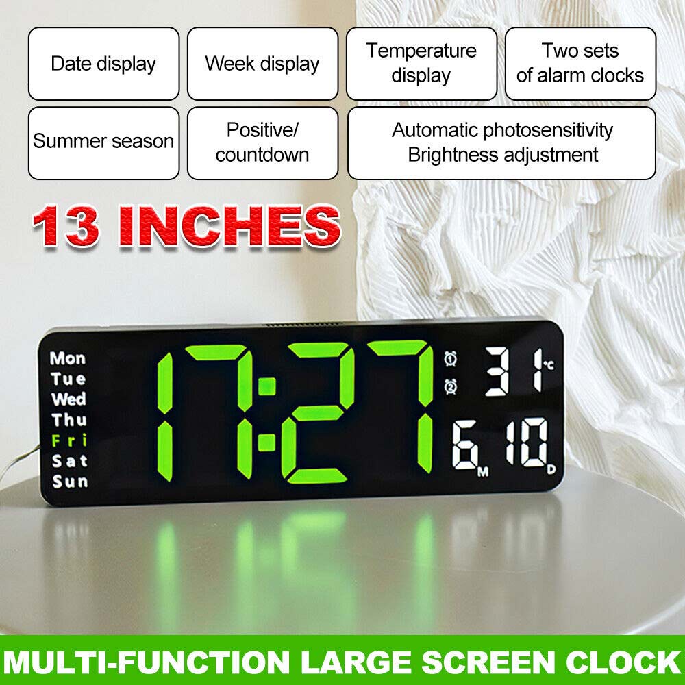 Large LED Digital Wall Clock Temperature Date Day Display USB Remote ...