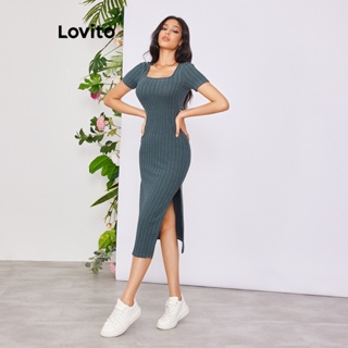 Lovito Vestido com Fenda de Alta Elasticidade e Algodão para Mulheres LBE02006 (Azul)