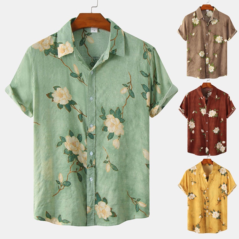 Tendência Masculina Boho Cotton Short Sleeve Button Lapel Floral Shirt Plus Tamanho Havaiano Summer Beach Tops Verde Marrom Amarelo Vermelho