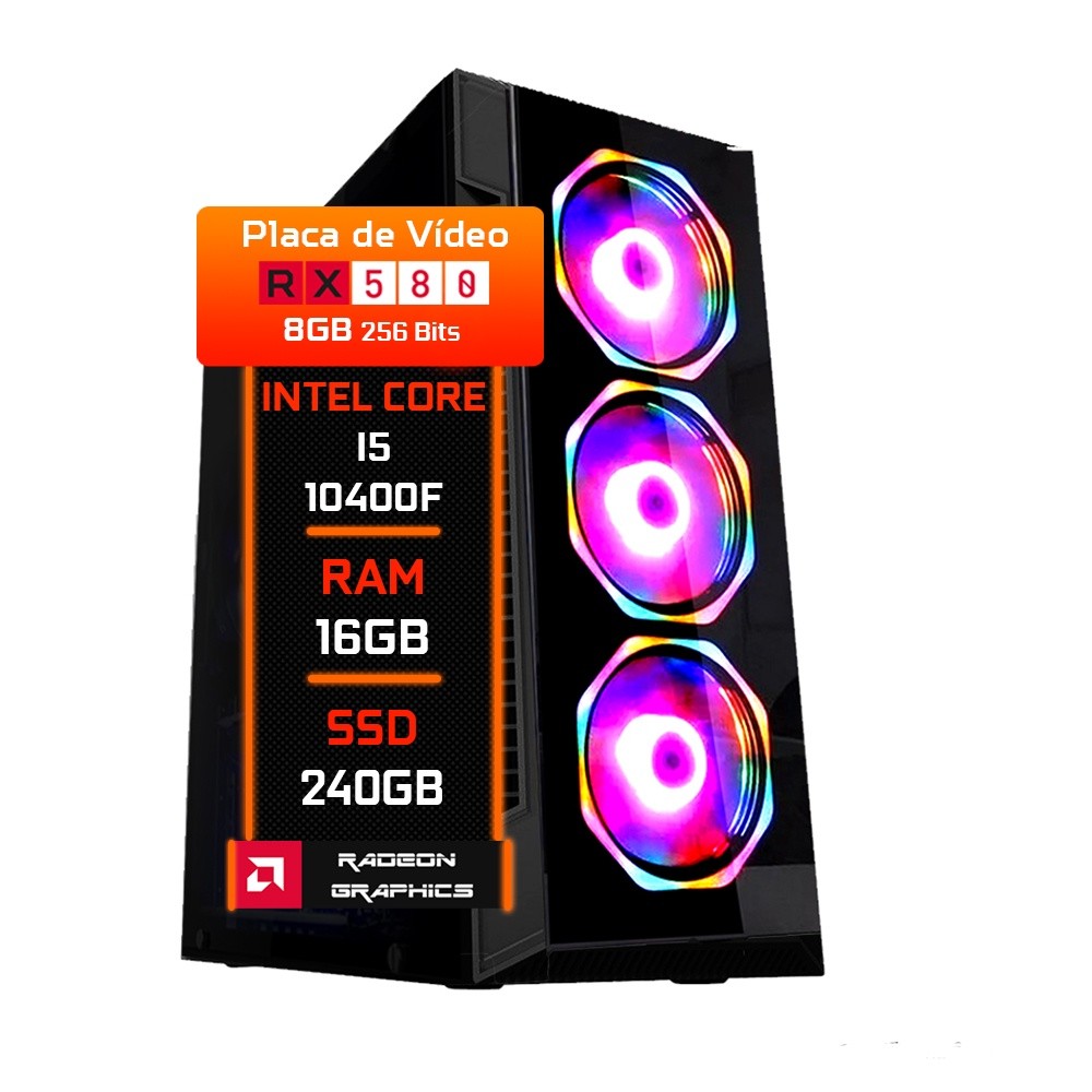PC Gamer Fácil Intel Core i5 10400f (10ª Geração) 16GB DDR4 AMD RX 580 8GB SSD 240GB - Fonte 750w