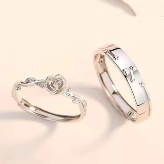 S925 Prata Pequeno Príncipe e Rosa Anéis de Casal Homens Mulheres Par Moda Anel Aberto Simples