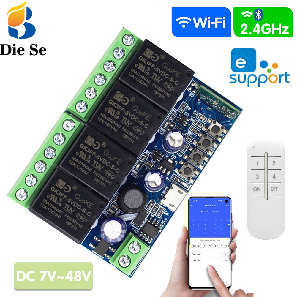 EWeLink WIFI Smart Module Switch DC 12V 24V 48V Receptor De Relé De 4 Canais 2.4GHz Controle Remoto Trabalho Com Alexa , Para Porta De Portão Led
