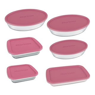 Conjunto de Assadeiras de Vidro Marinex com Tampa Rosa 6 Peças
