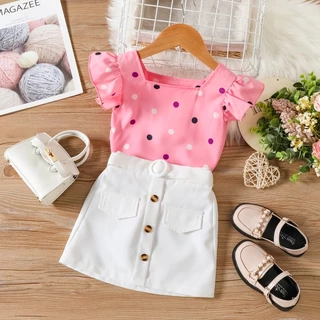 Conjunto Roupa Infantil Menina 1-6 anos Manga Plissada Casual Fashion Blusa Com Saia Para Bebê Crianças