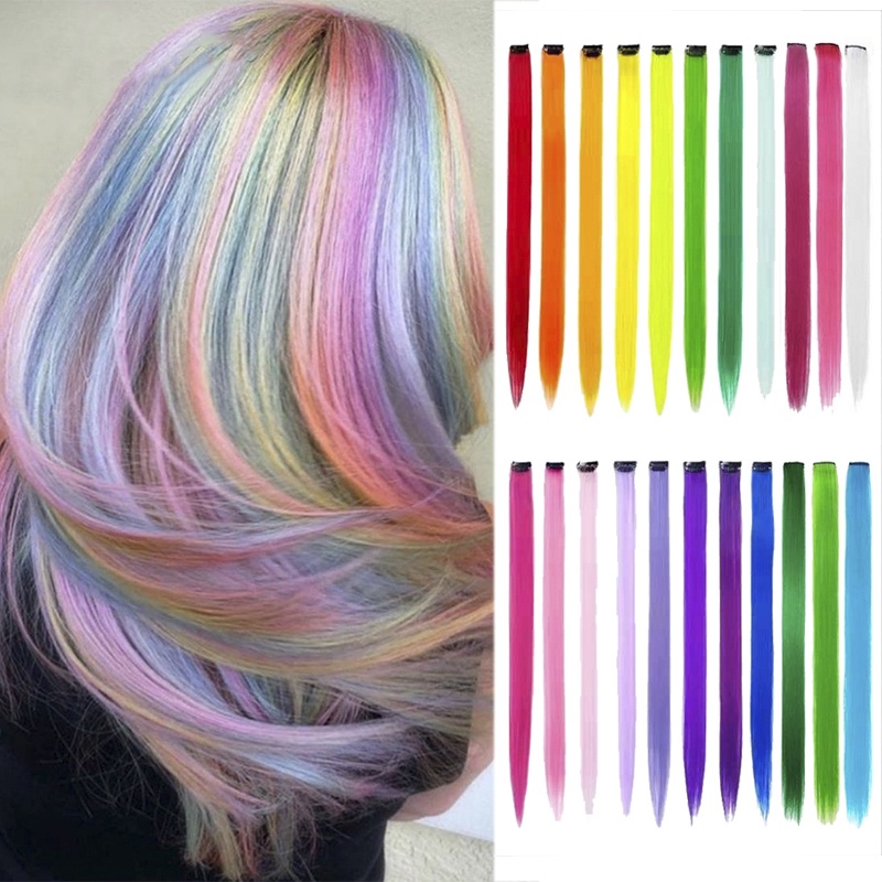 Clip Sintético Em Uma Peça Extensões De Cabelo Peças Liso Longo Ombre Rosa Púrpura Vermelho Azul