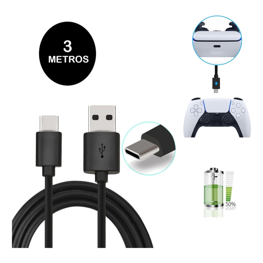 Cabo 3 Metros Carregador Controle Ps5 Xbox Series Usb-c Celulares