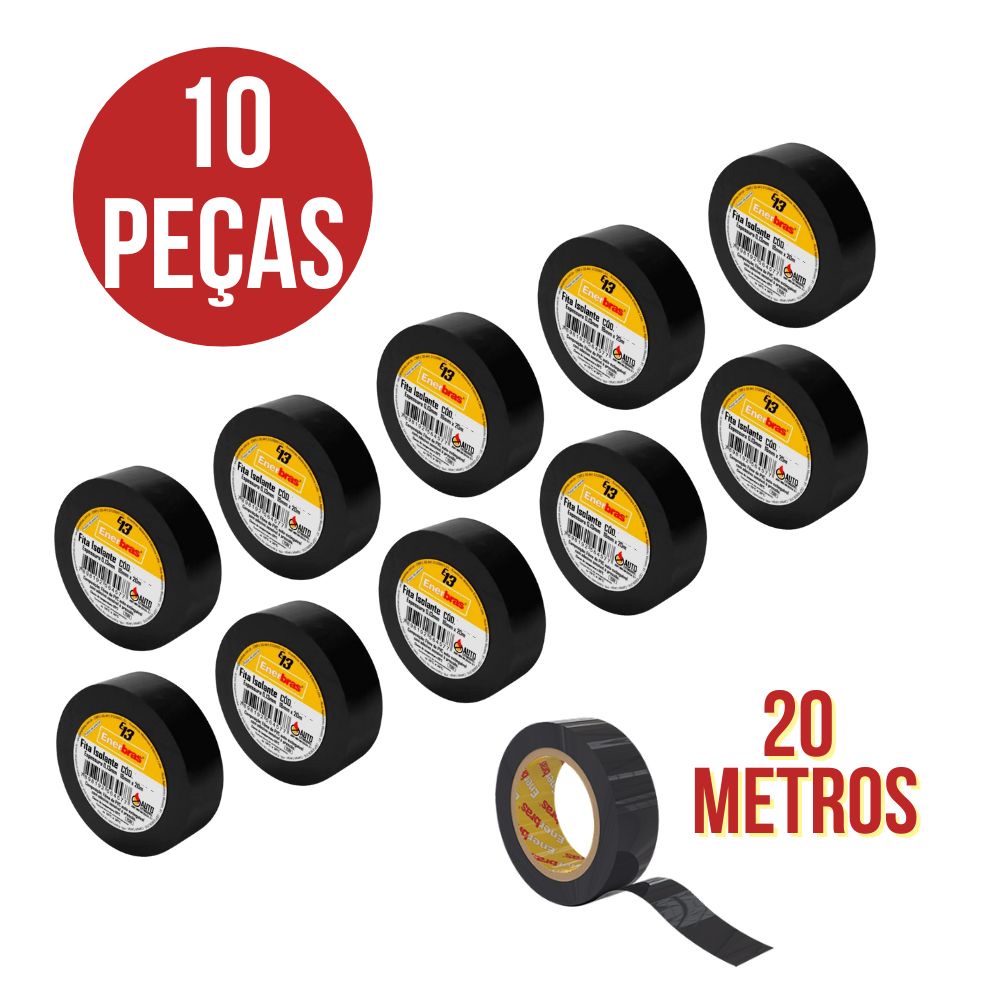 Kit Pack 10 Peças Fita Isolante 20 Metros Enerbras 10 Rolos Preta