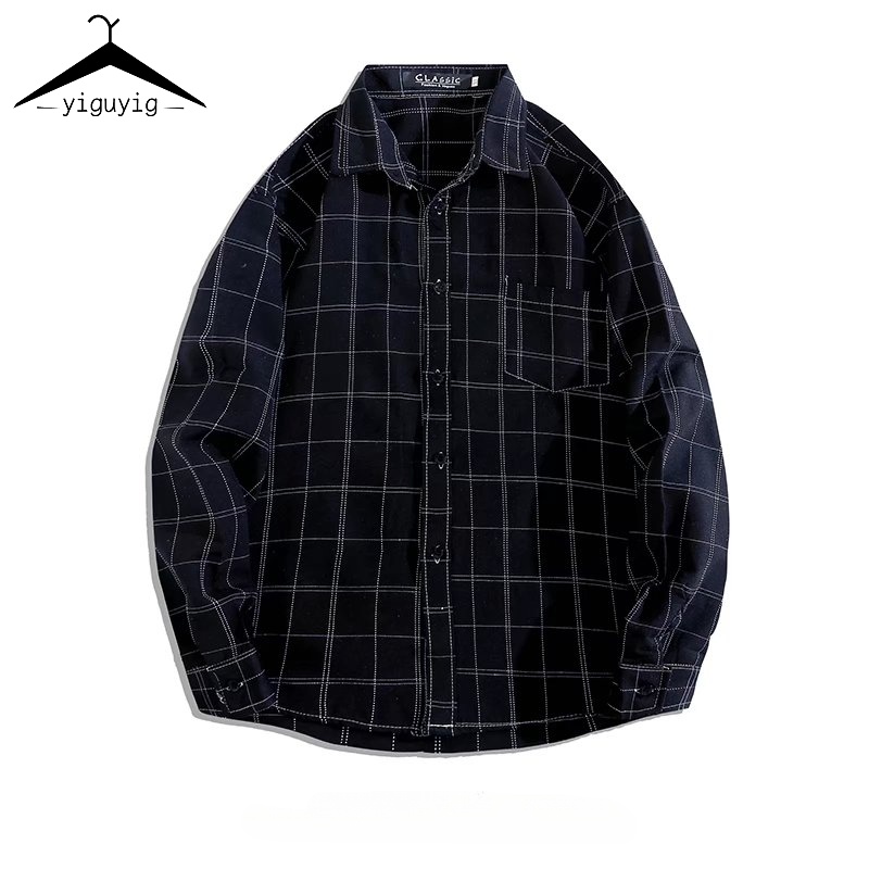 Moda Homem Algodão Manga Comprida Camisa Listrada Coreana Solta Xadrez
